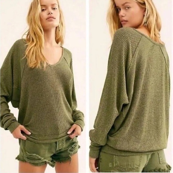 Free People Santa Clara Thermal BOHO Long Sleeve‎ V-Neck Shirt Top Ferngully NWT - Picture 1 of 7